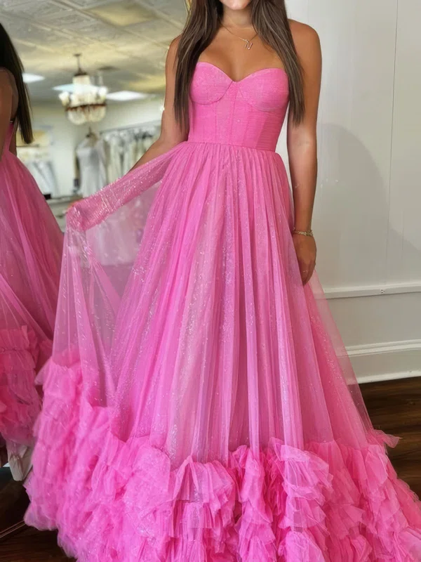 Princess Strapless Tulle Ruffle Prom Dresses #UKM020125368