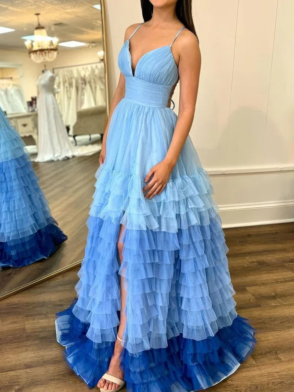 Ball Gown V-neck Tulle Ruffle Tiered Prom Dresses #UKM020125373