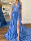 Sparkly A-line Halter Metallic Prom Dresses With Ruched #UKM020125377