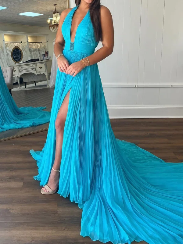 Blue A-line V-neck Chiffon Pleated Prom Dresses #UKM020125381