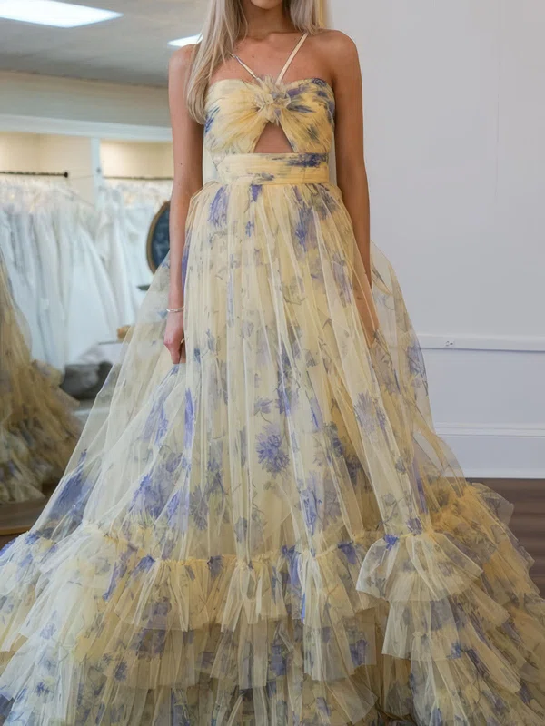 Ball Gown Halter Tulle Floral Ruffle Tiered Prom Dresses #UKM020125393