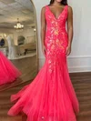 Mermaid V-neck Sparkly Sequin Tulle Prom Dresses With Ruched #UKM020125399