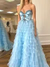 Ball Gown Strapless Tulle Ruffle Tiered Prom Dresses With Bow #UKM020125403
