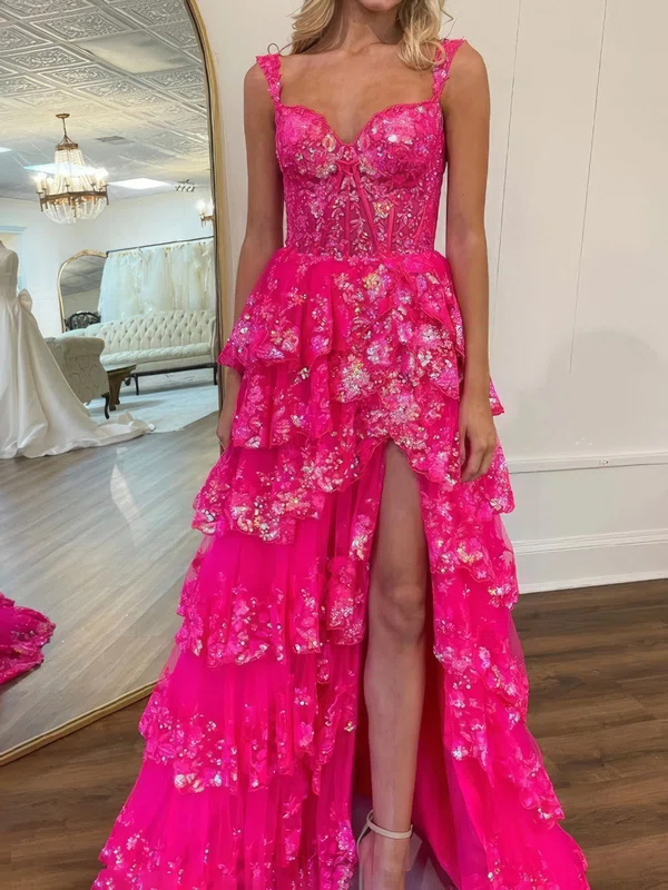 Ball Gown Sweetheart Tulle Tiered Prom Dresses With Appliques #UKM020125405