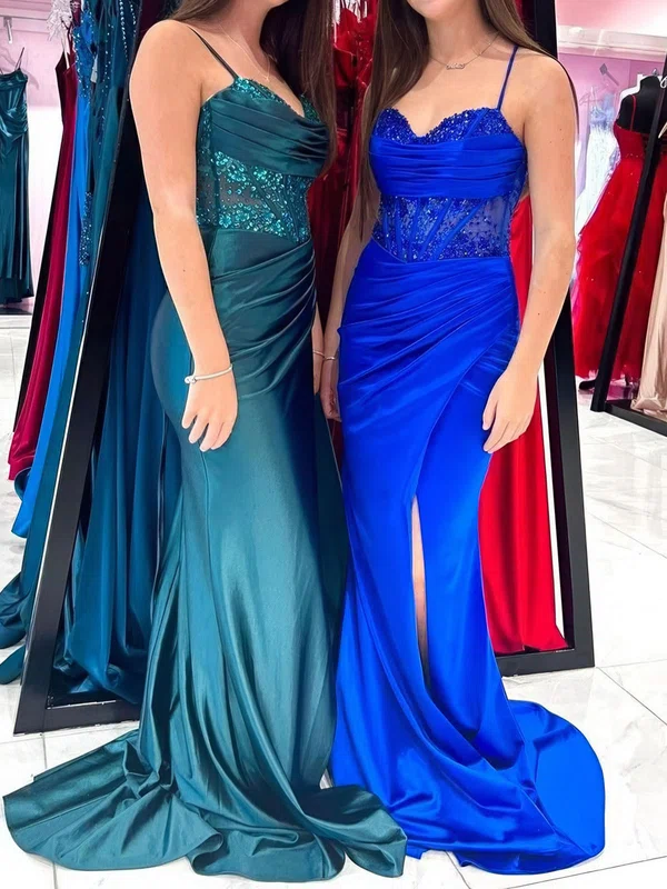 Sheath/Column Sweetheart Ruched Satin Prom Dresses With Beading #UKM020125407