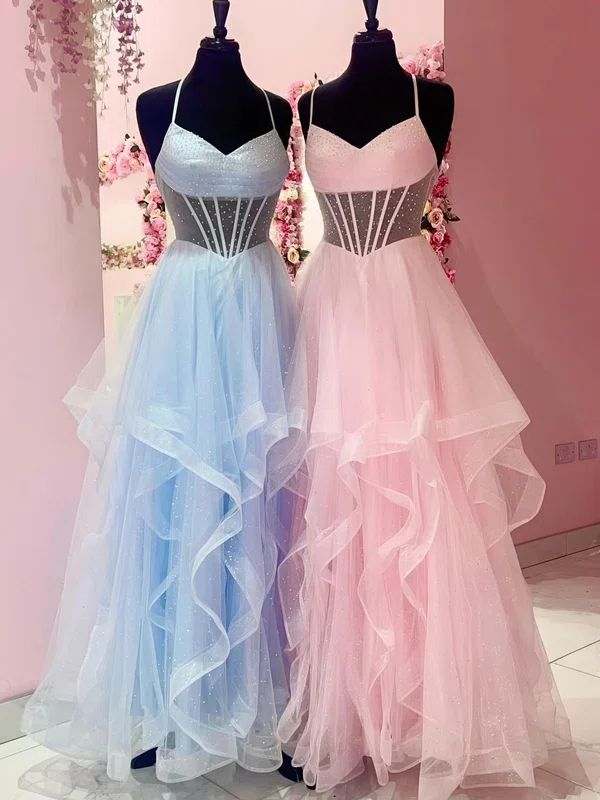 Ball Gown V-neck Tulle Ruffle Tiered Prom Dresses With Beading #UKM020125411
