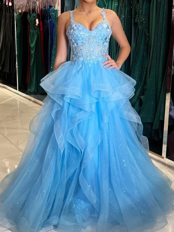 Princess V-neck Tulle Ruffle Prom Dresses With Appliques #UKM020125413