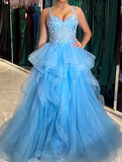 Princess V-neck Tulle Ruffle Prom Dresses With Appliques #UKM020125413