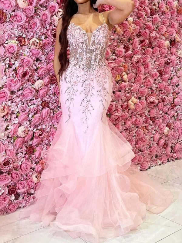 Mermaid V-neck Tulle Ruffle Tiered Prom Dresses With Appliques #UKM020125416