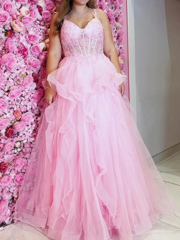Princess V-neck Tulle Ruffle Prom Dresses With Appliques #UKM020125418