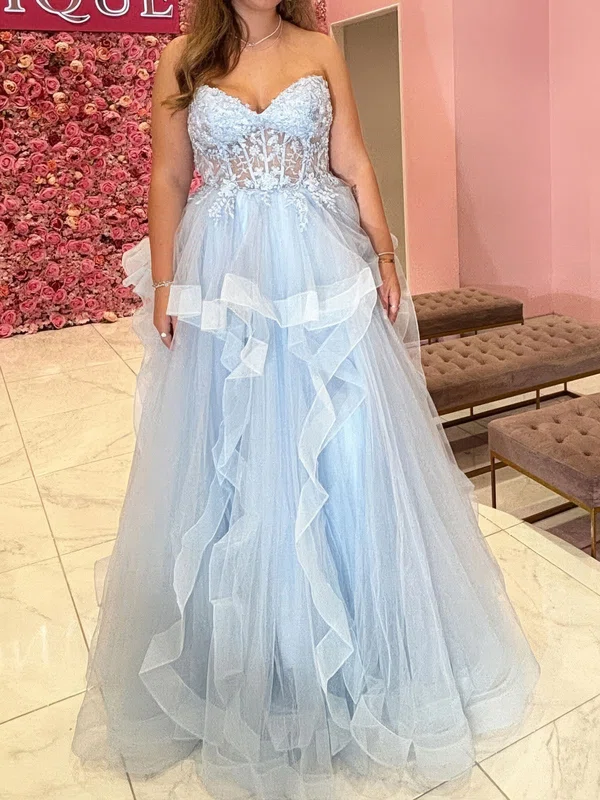 Princess Strapless Tulle Ruffle Prom Dresses With Appliques #UKM020125419