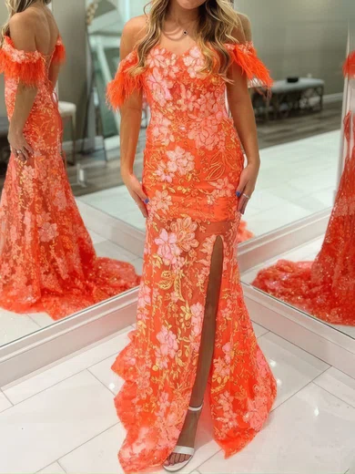 Sheath/Column Off-the-shoulder Sparkly Sequin Prom Dresses With Feather #UKM020125422