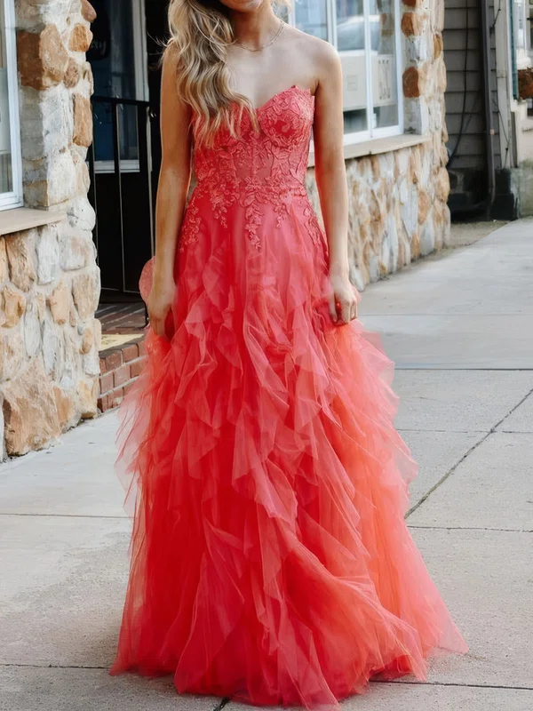 Princess Strapless Tulle Ruffle Prom Dresses With Appliques #UKM020125428