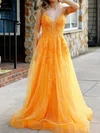 Ball Gown V-neck Ruched Tulle Prom Dresses With Appliques #UKM020125435