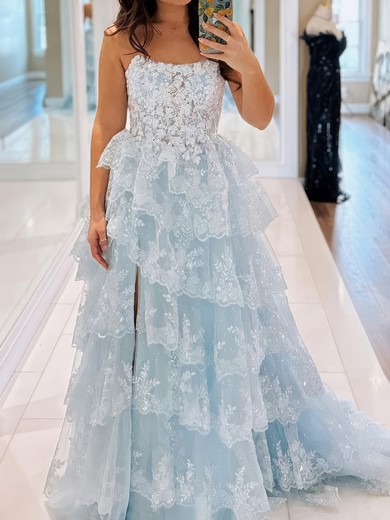 Ball Gown Strapless Tulle Tiered Prom Dresses With Appliques #UKM020125441