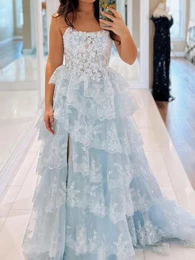 Ball Gown Strapless Tulle Tiered Prom Dresses With Appliques #UKM020125441