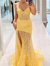 Sheath/Column V-neck Tulle Corset Prom Dresses With Appliques #UKM020125442