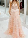 Ball Gown V-neck Tulle Ruffle Tiered Prom Dresse #UKM020125461