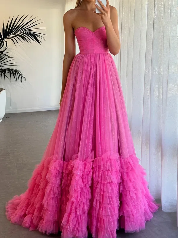 Princess Strapless Tulle Ruffle Prom Dresses #UKM020125464