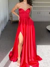 Red A-line Strapless Satin Prom Dresses With Ruched #UKM020125467