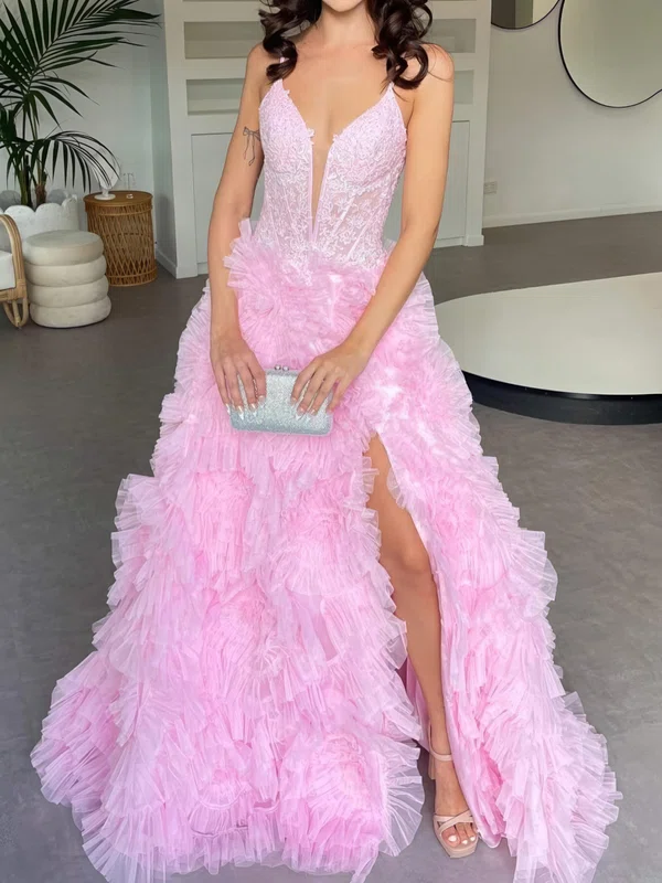 Ball Gown V-neck Tulle Ruffle Tiered Prom Dresses With Appliques #UKM020125470