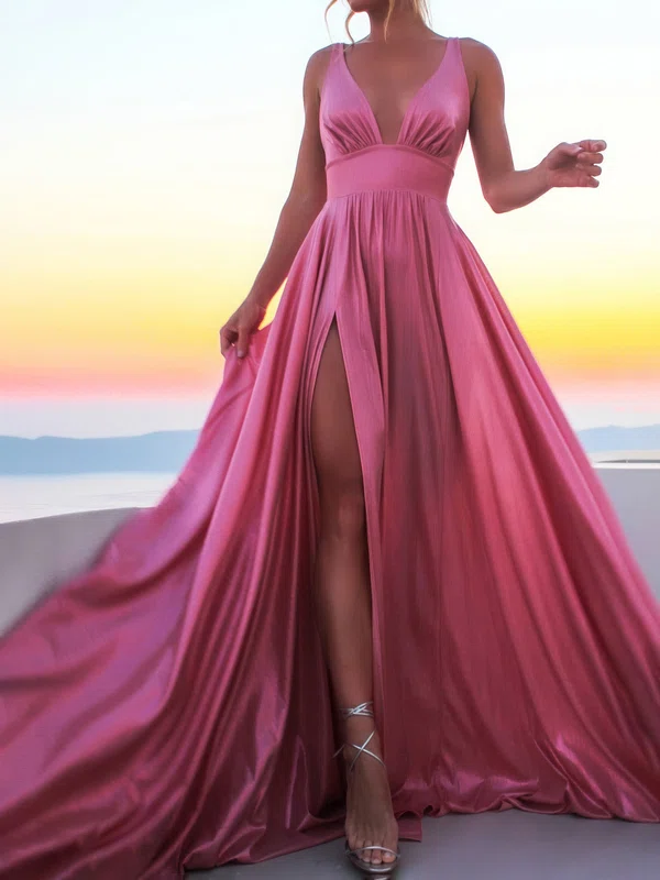 Sparkly A-line V-neck Metallic Prom Dresses With Ruched #UKM020125500