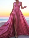 Sparkly A-line V-neck Metallic Prom Dresses With Ruched #UKM020125500