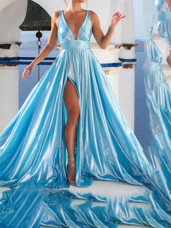Sparkly A-line V-neck Metallic Prom Dresses With Ruched #UKM020125506