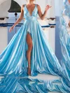 Sparkly A-line V-neck Metallic Prom Dresses With Ruched #UKM020125506