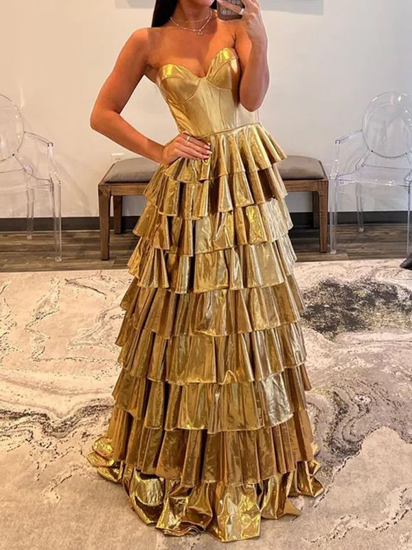 Ball Gown Strapless Metallic Tiered Prom Dresses #UKM020125510