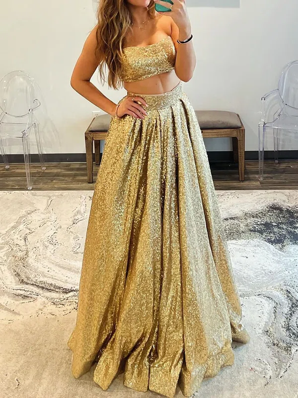 Ball Gown Strapless Sequin Two Piece Prom Dresses With Ruched #UKM020125518