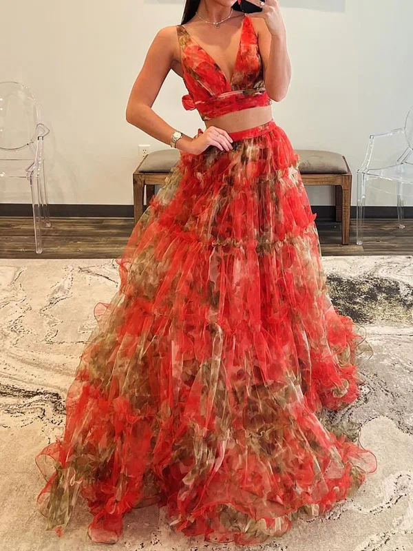Ball Gown V-neck Tulle Two Piece Floral Prom Dresses With Ruffle #UKM020125527