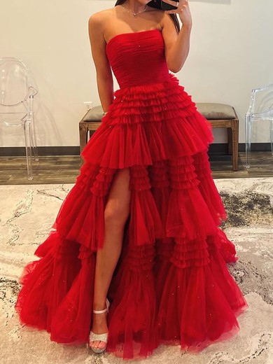Ball Gown Strapless Tulle Ruffle Tiered Prom Dresses #UKM020125530