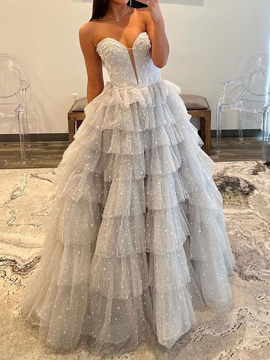 Ball Gown Strapless Tulle Ruffle Tiered Prom Dresses #UKM020125537