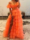 Ball Gown Off-the-shoulder Tulle Puff Sleeve Tiered Prom Dresses #UKM020125540