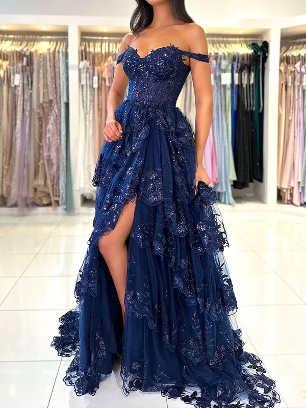 Ball Gown Off-the-shoulder Tulle Tiered Prom Dresses With Appliques #UKM020125549