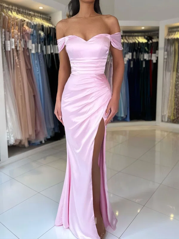 Sheath/Column Off-the-shoulder Satin Prom Dresses With Ruched #UKM020125570