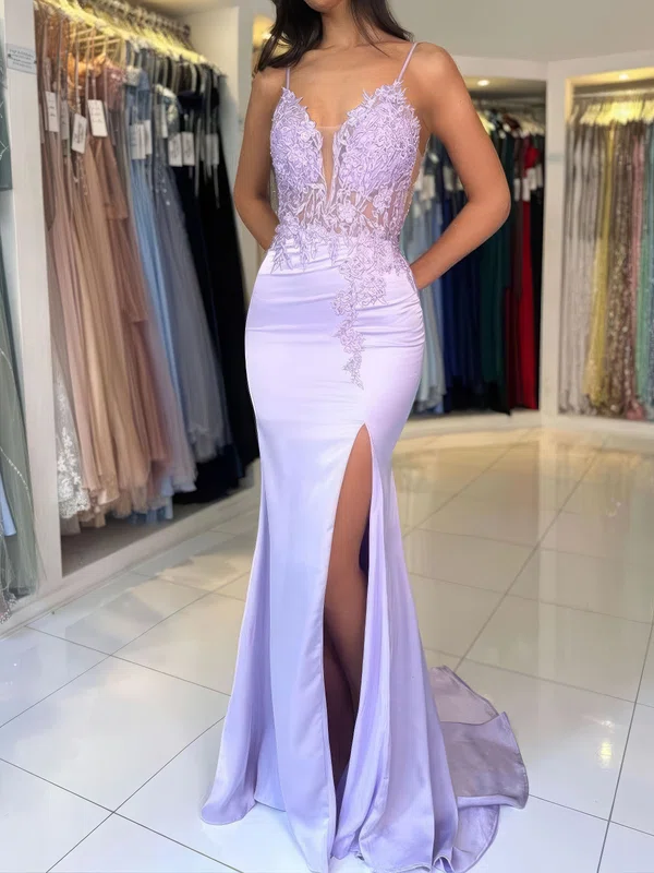 Sheath/Column V-neck Satin Prom Dresses With Appliques #UKM020125574