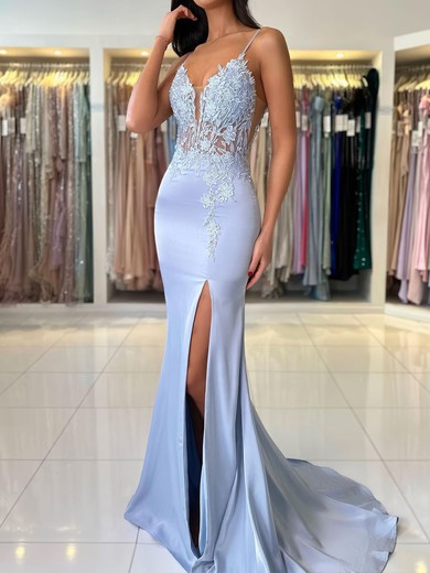 Sheath/Column V-neck Satin Prom Dresses With Appliques #UKM020125575