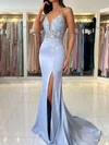 Sheath/Column V-neck Satin Prom Dresses With Appliques #UKM020125575