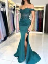 Sheath/Column Off-the-shoulder Satin Prom Dresses With Appliques #UKM020125578