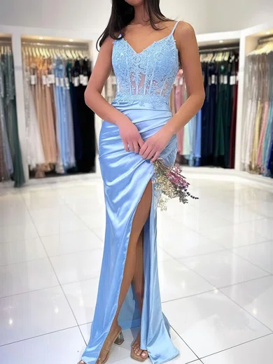 Sheath/Column V-neck Satin Corset Prom Dresses With Appliques #UKM020125581