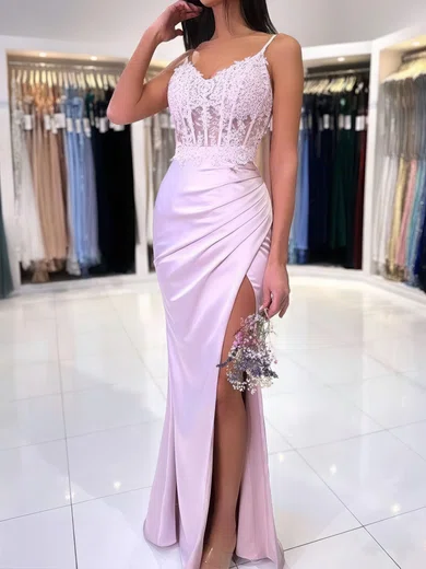 Sheath/Column V-neck Satin Corset Prom Dresses With Appliques #UKM020125582