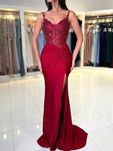Sheath/Column V-neck Ruched Jersey Prom Dresses With Appliques #UKM020125583