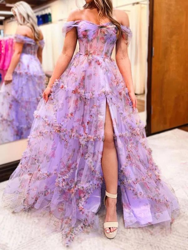 Ball Gown Off-the-shoulder Tulle Floral Prom Dresses With Ruffle #UKM020125601