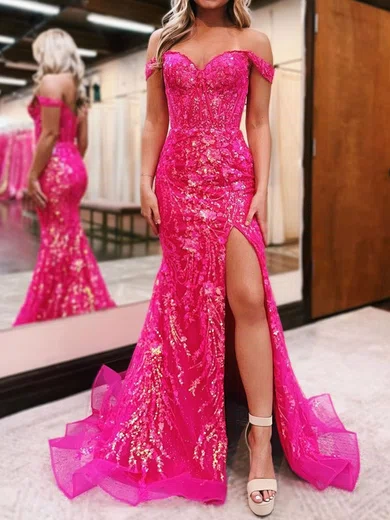 Sheath/Column Off-the-shoulder Sparkly Sequin Prom Dresses #UKM020125606