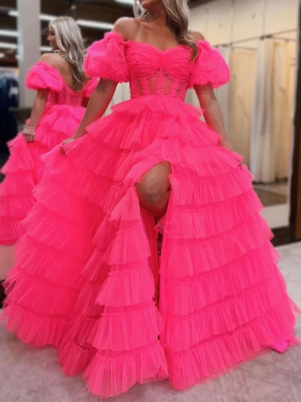 Ball Gown Off-the-shoulder Tulle Puff Sleeve Tiered Prom Dresses #UKM020125608