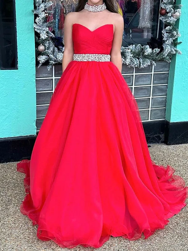 Ball Gown Strapless Ruched Tulle Prom Dresses With Beading #UKM020125625