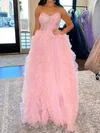 Princess Strapless Tulle Ruffle Prom Dresses With Beading #UKM020125638