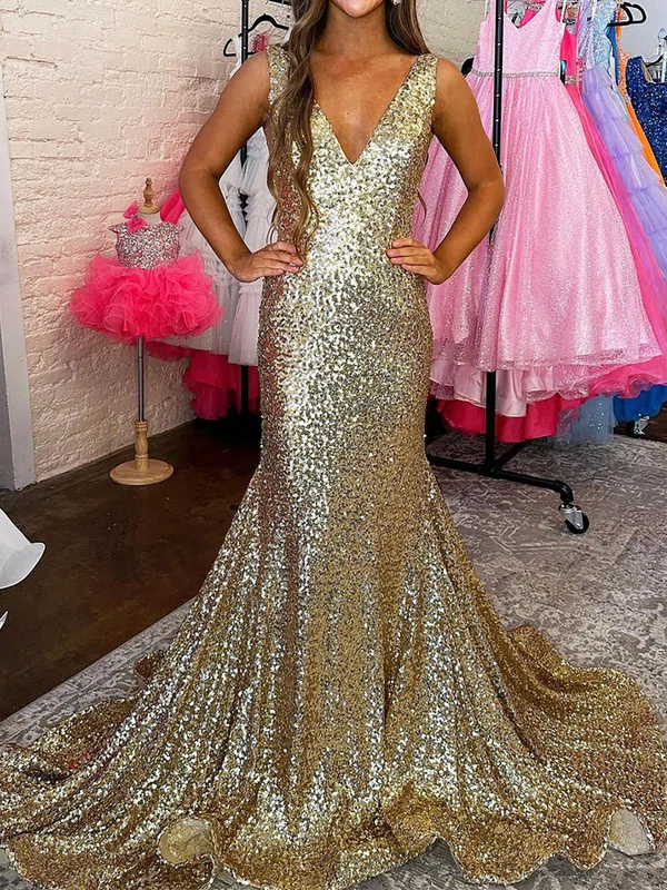 Mermaid V-neck Backless Sparkly Sequin Prom Dresses #UKM020125643